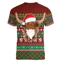 Scottish Christmas Women V-Neck T-Shirt Highland Cattle-Xmas Tartan Stripes Style Red Color - Wonder Print Shop