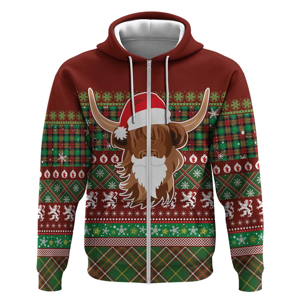Scottish Christmas Zip Hoodie Highland Cattle-Xmas Tartan Stripes Style Red Color - Wonder Print Shop