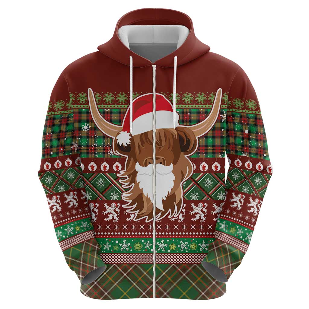 Scottish Christmas Zip Hoodie Highland Cattle-Xmas Tartan Stripes Style Red Color - Wonder Print Shop