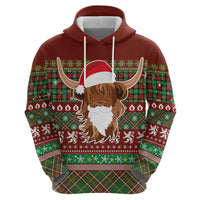 Scottish Christmas Zip Hoodie Highland Cattle-Xmas Tartan Stripes Style Red Color - Wonder Print Shop