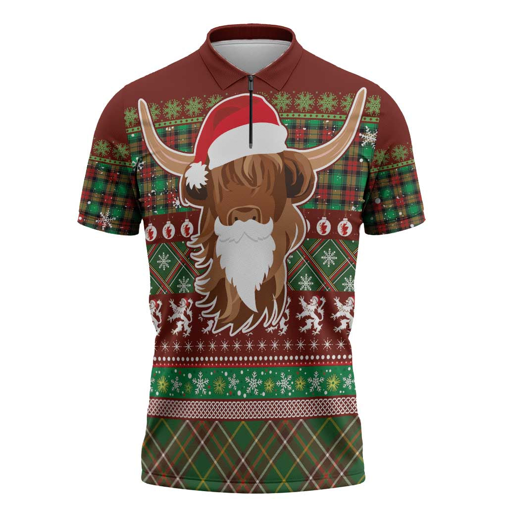Scottish Christmas Zipper Polo Shirt Highland Cattle-Xmas Tartan Stripes Style Red Color - Wonder Print Shop