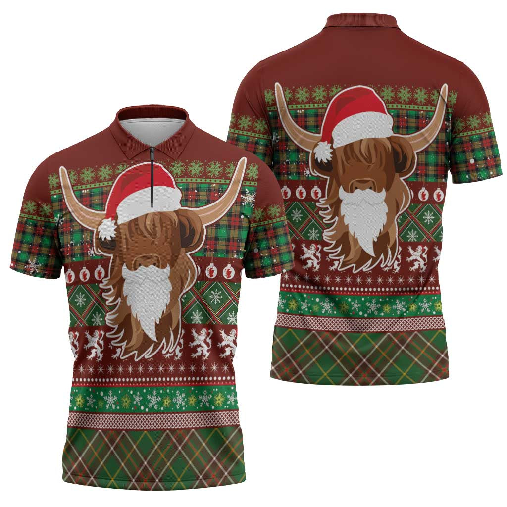 Scottish Christmas Zipper Polo Shirt Highland Cattle-Xmas Tartan Stripes Style Red Color - Wonder Print Shop