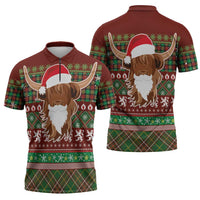 Scottish Christmas Zipper Polo Shirt Highland Cattle-Xmas Tartan Stripes Style Red Color - Wonder Print Shop