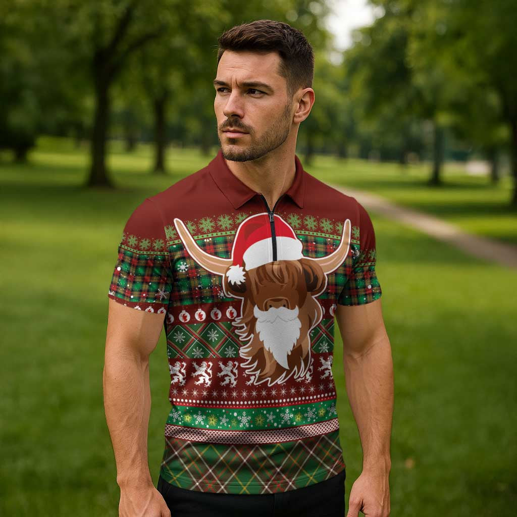 Scottish Christmas Zipper Polo Shirt Highland Cattle-Xmas Tartan Stripes Style Red Color - Wonder Print Shop