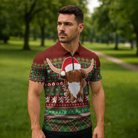 Scottish Christmas Zipper Polo Shirt Highland Cattle-Xmas Tartan Stripes Style Red Color - Wonder Print Shop