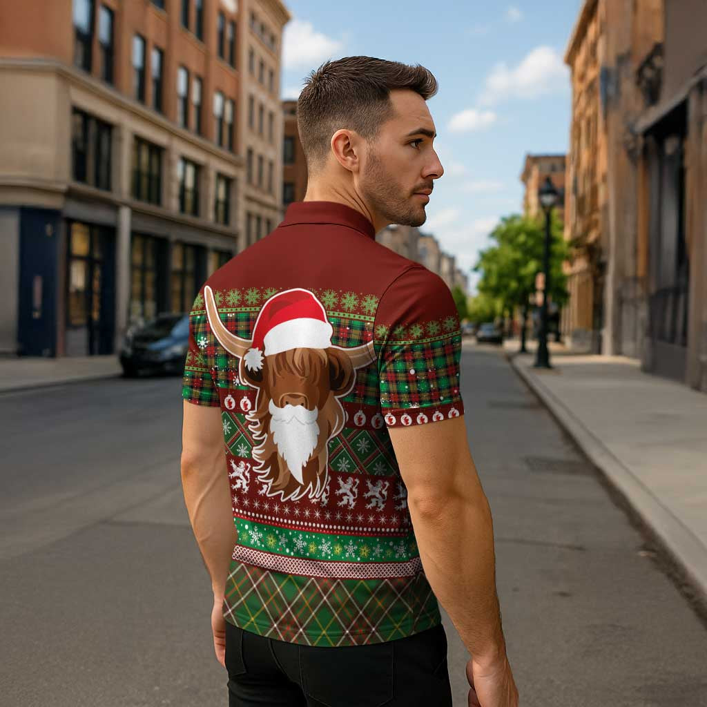 Scottish Christmas Zipper Polo Shirt Highland Cattle-Xmas Tartan Stripes Style Red Color - Wonder Print Shop