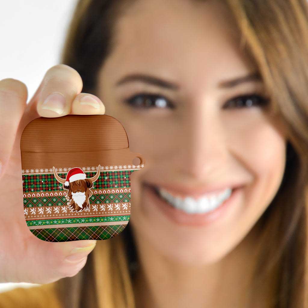 Scottish Christmas AirPods Case Highland Cattle-Xmas Tartan Stripes Style Brown Color - Wonder Print Shop