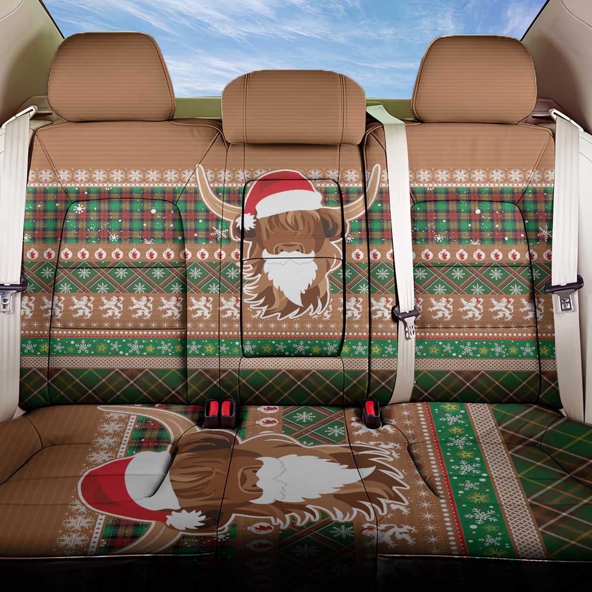 Scottish Christmas Back Car Seat Cover Highland Cattle-Xmas Tartan Stripes Style Brown Color - Wonder Print Shop
