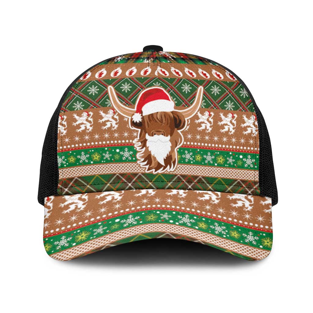 Scottish Christmas Baseball Net Cap Highland Cattle-Xmas Tartan Stripes Style Brown Color - Wonder Print Shop