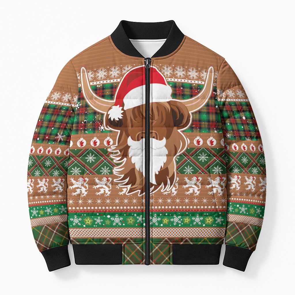 Scottish Christmas Bomber Puffer Jacket Highland Cattle-Xmas Tartan Stripes Style Brown Color - Wonder Print Shop