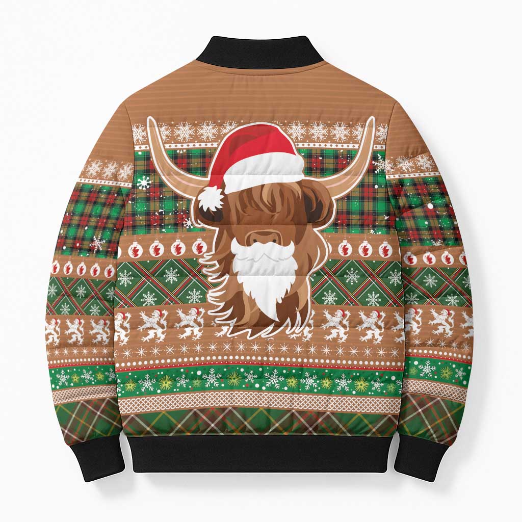 Scottish Christmas Bomber Puffer Jacket Highland Cattle-Xmas Tartan Stripes Style Brown Color - Wonder Print Shop