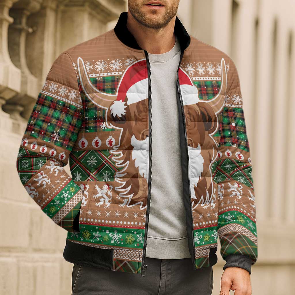 Scottish Christmas Bomber Puffer Jacket Highland Cattle-Xmas Tartan Stripes Style Brown Color - Wonder Print Shop