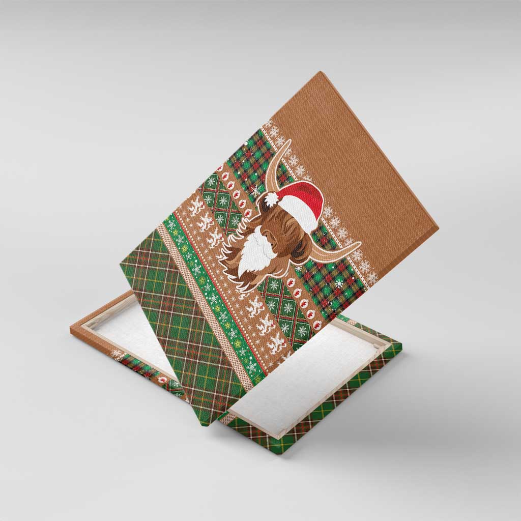 Scottish Christmas Canvas Wall Art Highland Cattle-Xmas Tartan Stripes Style Brown Color - Wonder Print Shop
