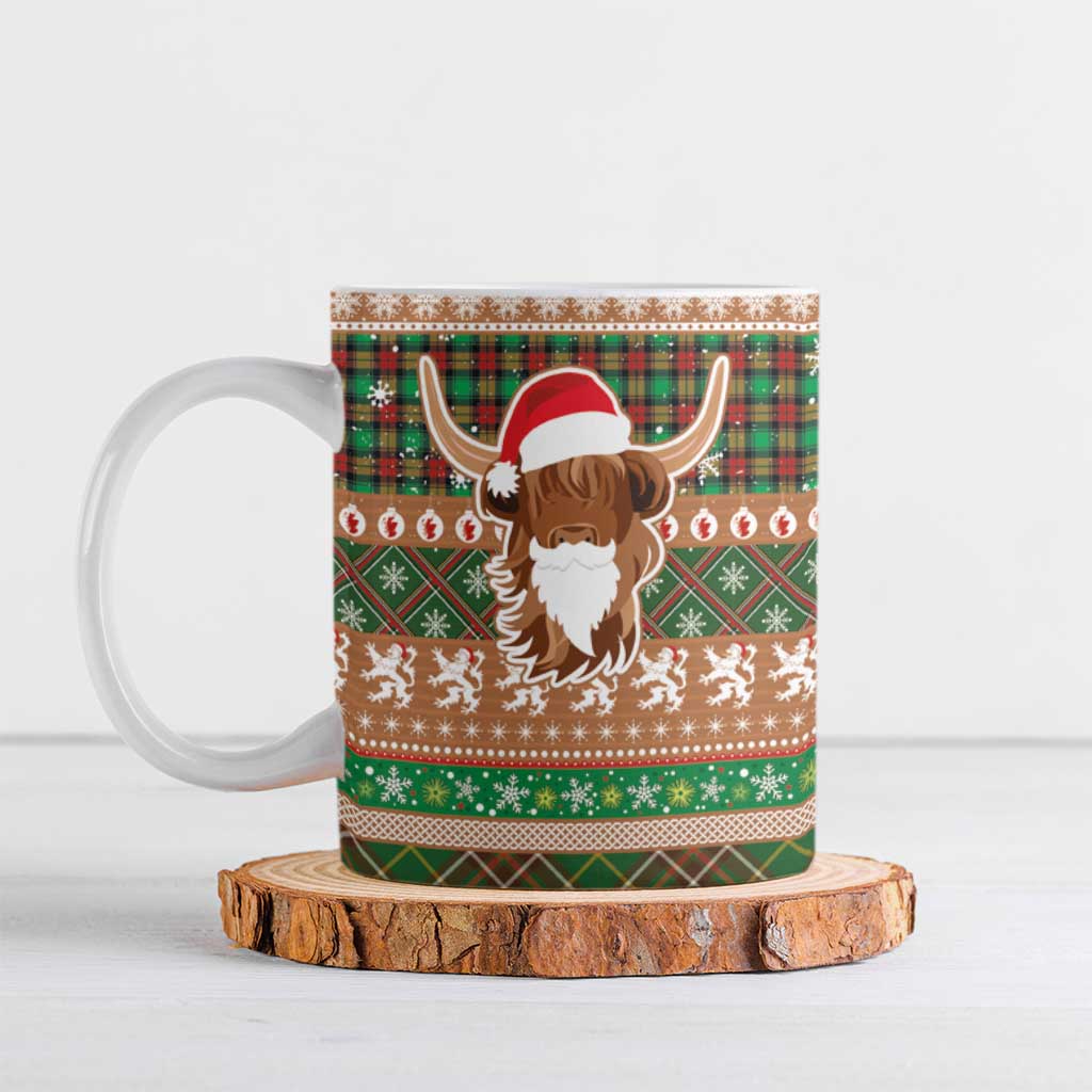 Scottish Christmas Ceramic Mug Highland Cattle-Xmas Tartan Stripes Style Brown Color - Wonder Print Shop