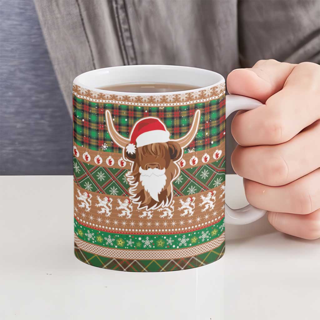 Scottish Christmas Ceramic Mug Highland Cattle-Xmas Tartan Stripes Style Brown Color - Wonder Print Shop