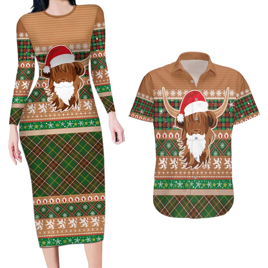 Scottish Christmas Couples Matching Long Sleeve Bodycon Dress and Hawaiian Shirt Highland Cattle-Xmas Tartan Stripes Style Brown Color - Wonder Print Shop