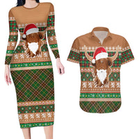 Scottish Christmas Couples Matching Long Sleeve Bodycon Dress and Hawaiian Shirt Highland Cattle-Xmas Tartan Stripes Style Brown Color - Wonder Print Shop