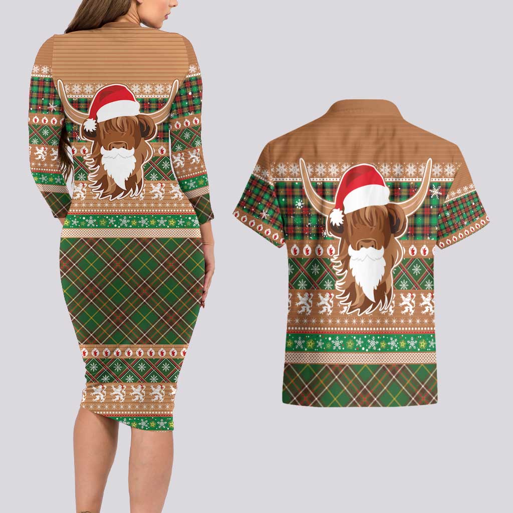 Scottish Christmas Couples Matching Long Sleeve Bodycon Dress and Hawaiian Shirt Highland Cattle-Xmas Tartan Stripes Style Brown Color - Wonder Print Shop