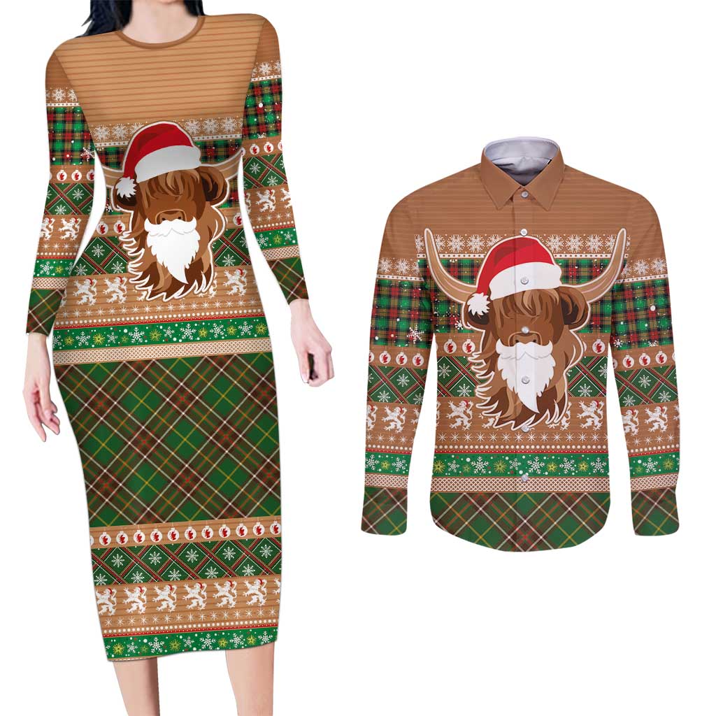 Scottish Christmas Couples Matching Long Sleeve Bodycon Dress and Long Sleeve Button Shirt Highland Cattle-Xmas Tartan Stripes Style Brown Color - Wonder Print Shop