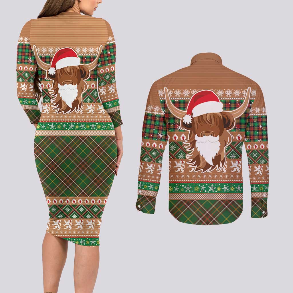 Scottish Christmas Couples Matching Long Sleeve Bodycon Dress and Long Sleeve Button Shirt Highland Cattle-Xmas Tartan Stripes Style Brown Color - Wonder Print Shop
