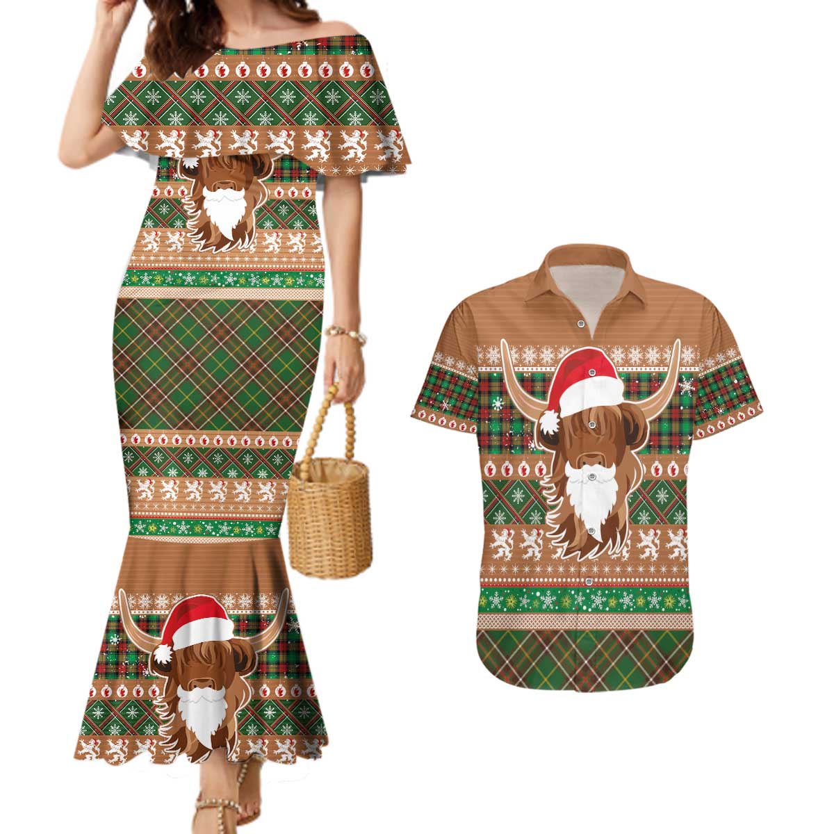 Scottish Christmas Couples Matching Mermaid Dress and Hawaiian Shirt Highland Cattle-Xmas Tartan Stripes Style Brown Color - Wonder Print Shop