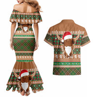 Scottish Christmas Couples Matching Mermaid Dress and Hawaiian Shirt Highland Cattle-Xmas Tartan Stripes Style Brown Color - Wonder Print Shop