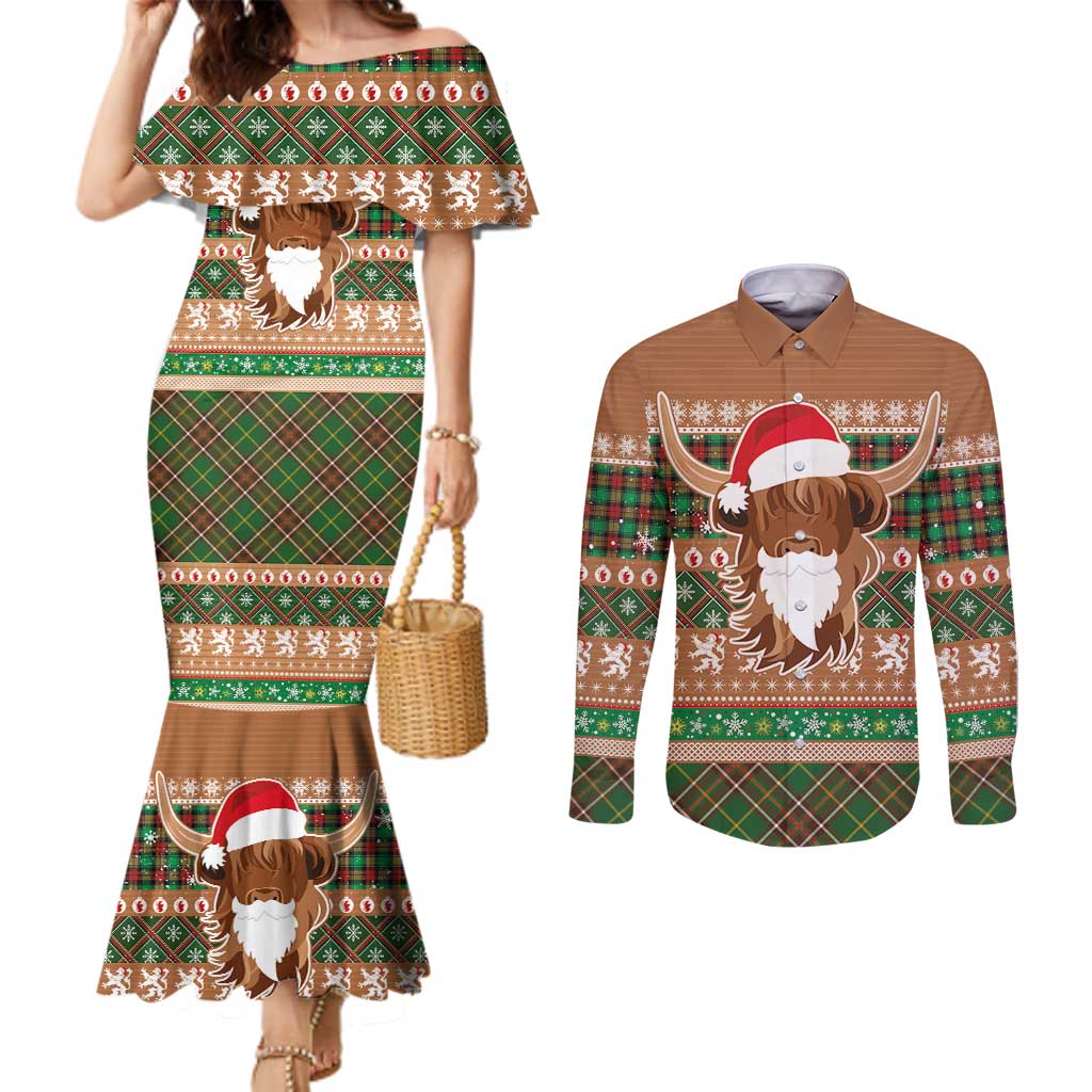 Scottish Christmas Couples Matching Mermaid Dress and Long Sleeve Button Shirt Highland Cattle-Xmas Tartan Stripes Style Brown Color - Wonder Print Shop