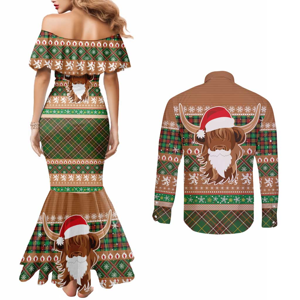 Scottish Christmas Couples Matching Mermaid Dress and Long Sleeve Button Shirt Highland Cattle-Xmas Tartan Stripes Style Brown Color - Wonder Print Shop