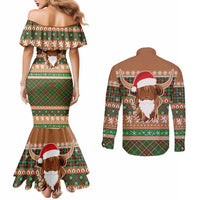 Scottish Christmas Couples Matching Mermaid Dress and Long Sleeve Button Shirt Highland Cattle-Xmas Tartan Stripes Style Brown Color - Wonder Print Shop