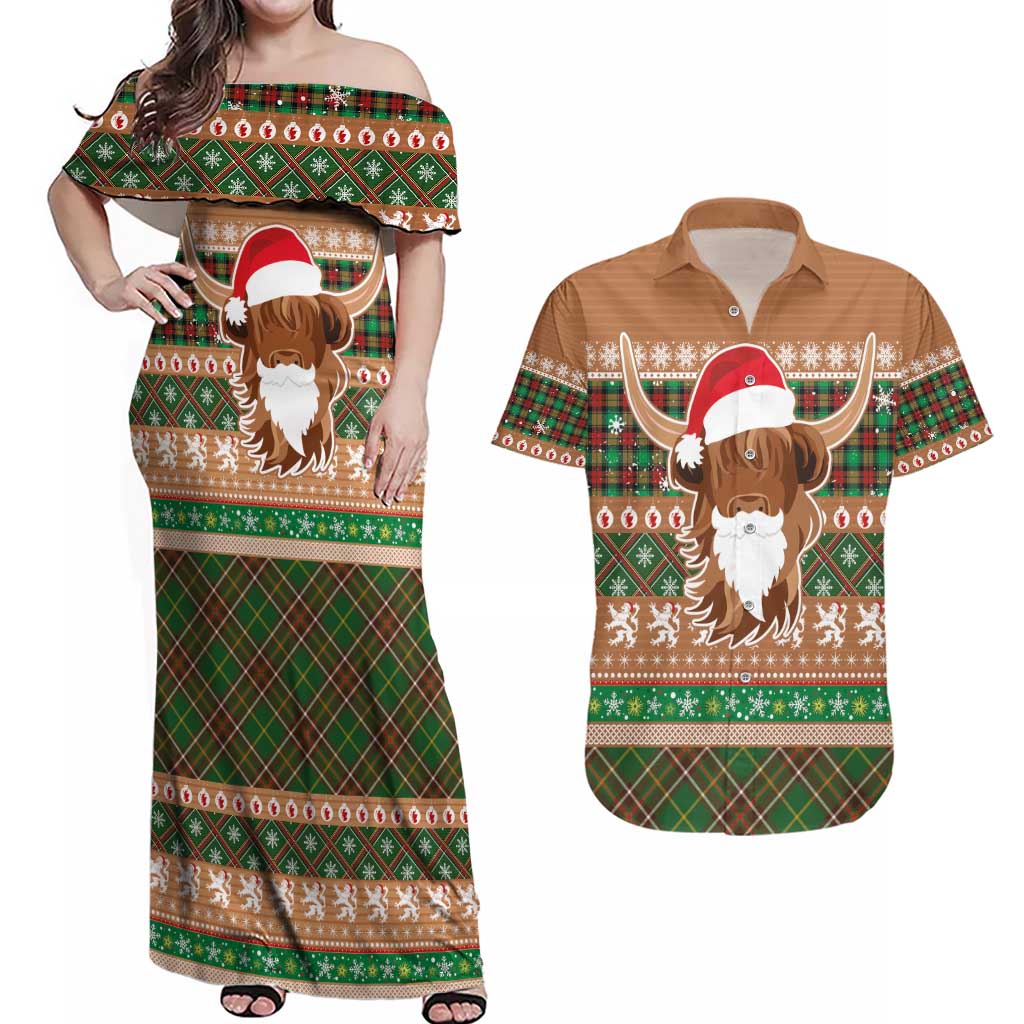 Scottish Christmas Couples Matching Off Shoulder Maxi Dress and Hawaiian Shirt Highland Cattle-Xmas Tartan Stripes Style Brown Color - Wonder Print Shop