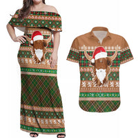 Scottish Christmas Couples Matching Off Shoulder Maxi Dress and Hawaiian Shirt Highland Cattle-Xmas Tartan Stripes Style Brown Color - Wonder Print Shop