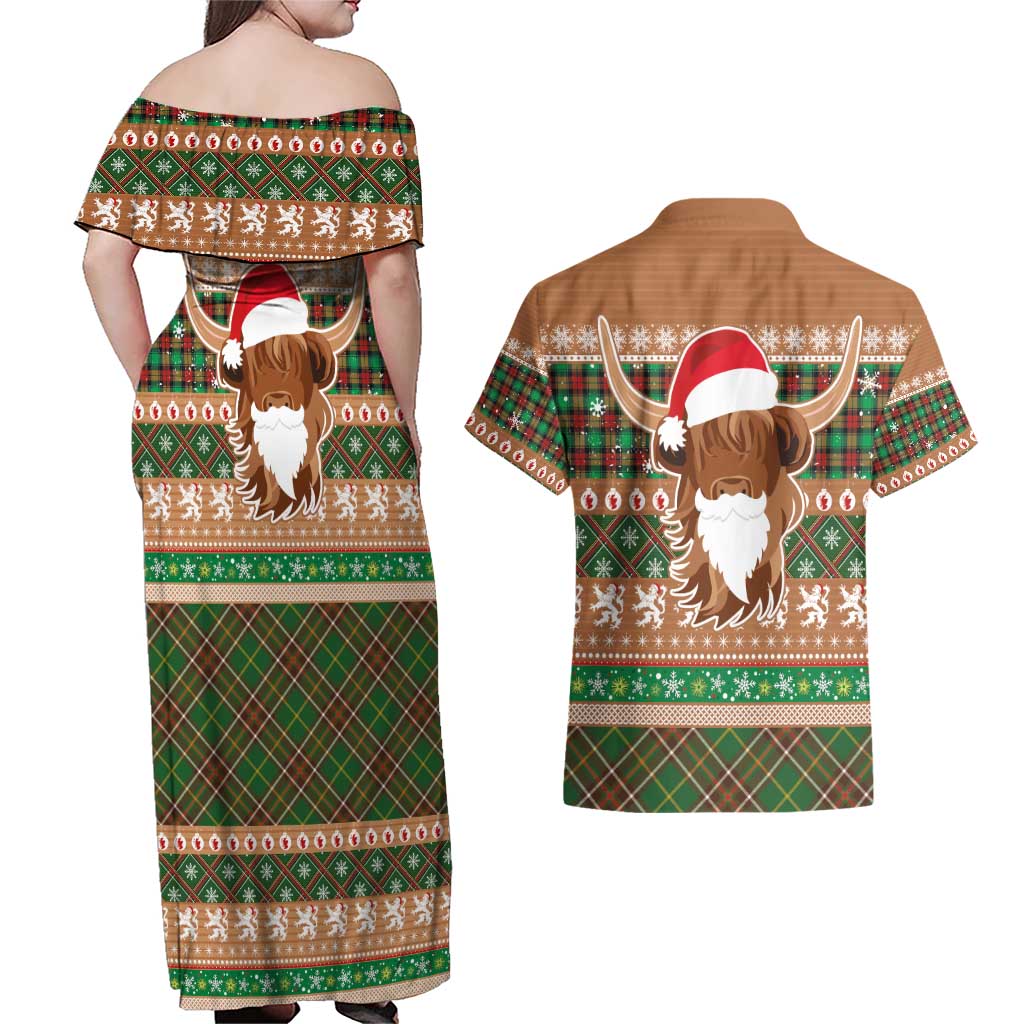 Scottish Christmas Couples Matching Off Shoulder Maxi Dress and Hawaiian Shirt Highland Cattle-Xmas Tartan Stripes Style Brown Color - Wonder Print Shop