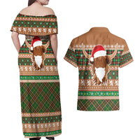 Scottish Christmas Couples Matching Off Shoulder Maxi Dress and Hawaiian Shirt Highland Cattle-Xmas Tartan Stripes Style Brown Color - Wonder Print Shop