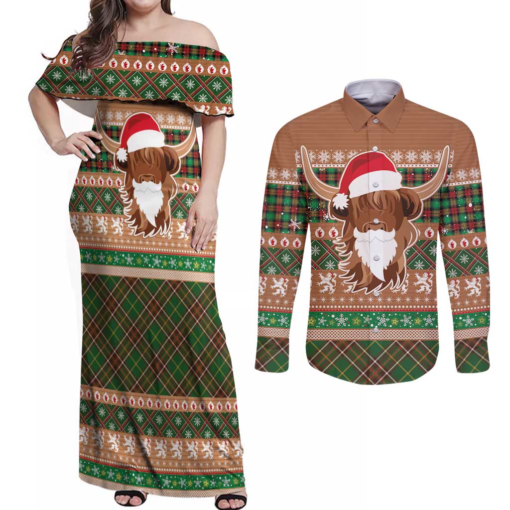Scottish Christmas Couples Matching Off Shoulder Maxi Dress and Long Sleeve Button Shirt Highland Cattle-Xmas Tartan Stripes Style Brown Color - Wonder Print Shop