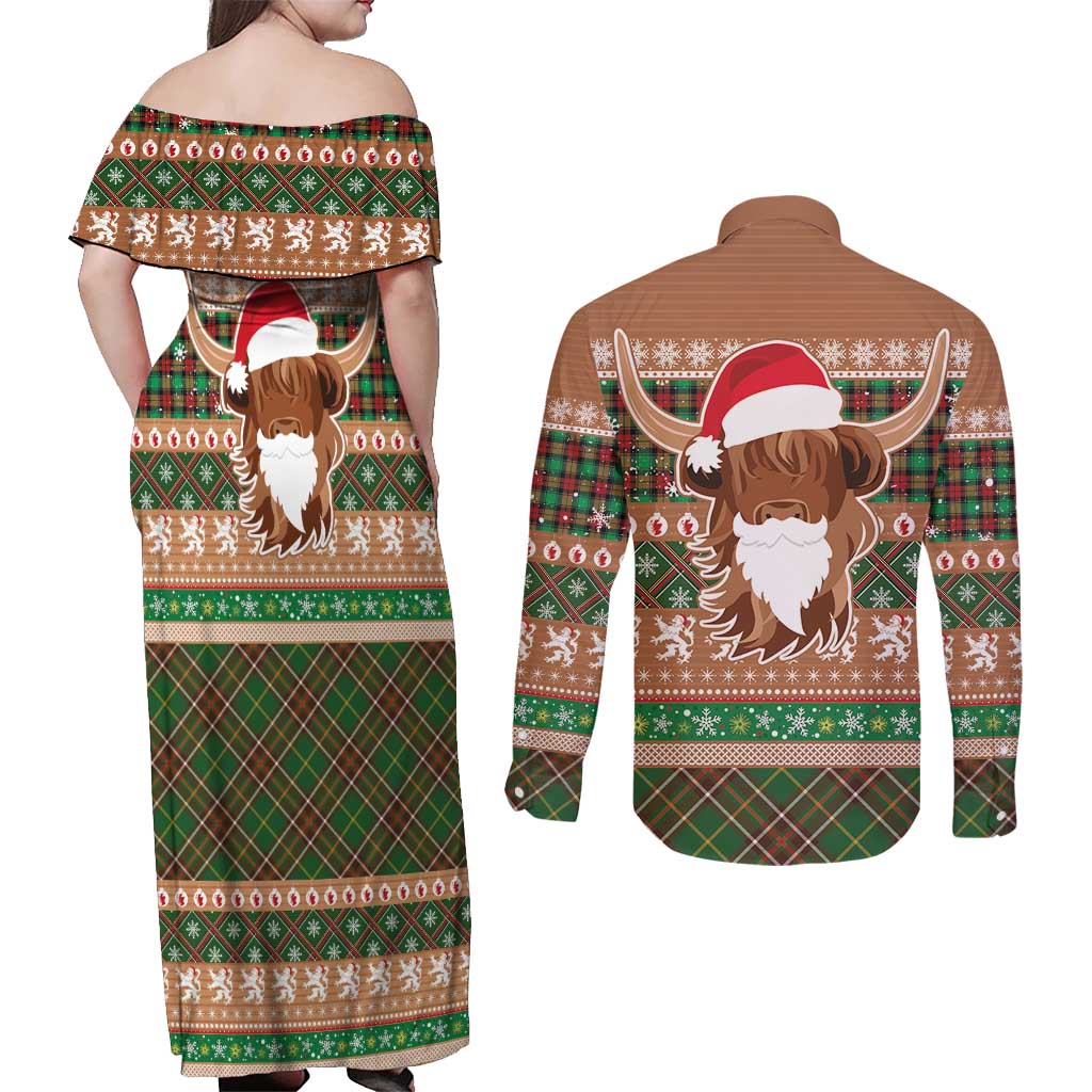 Scottish Christmas Couples Matching Off Shoulder Maxi Dress and Long Sleeve Button Shirt Highland Cattle-Xmas Tartan Stripes Style Brown Color - Wonder Print Shop