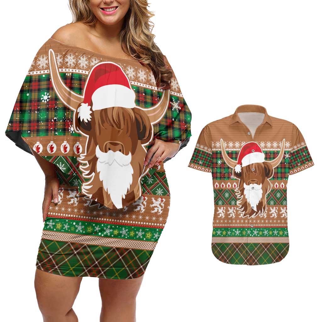 Scottish Christmas Couples Matching Off Shoulder Short Dress and Hawaiian Shirt Highland Cattle-Xmas Tartan Stripes Style Brown Color - Wonder Print Shop