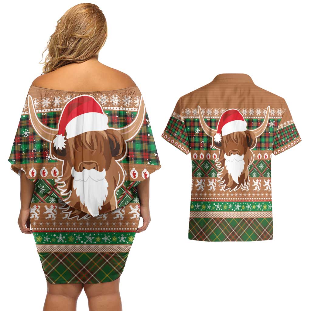 Scottish Christmas Couples Matching Off Shoulder Short Dress and Hawaiian Shirt Highland Cattle-Xmas Tartan Stripes Style Brown Color - Wonder Print Shop