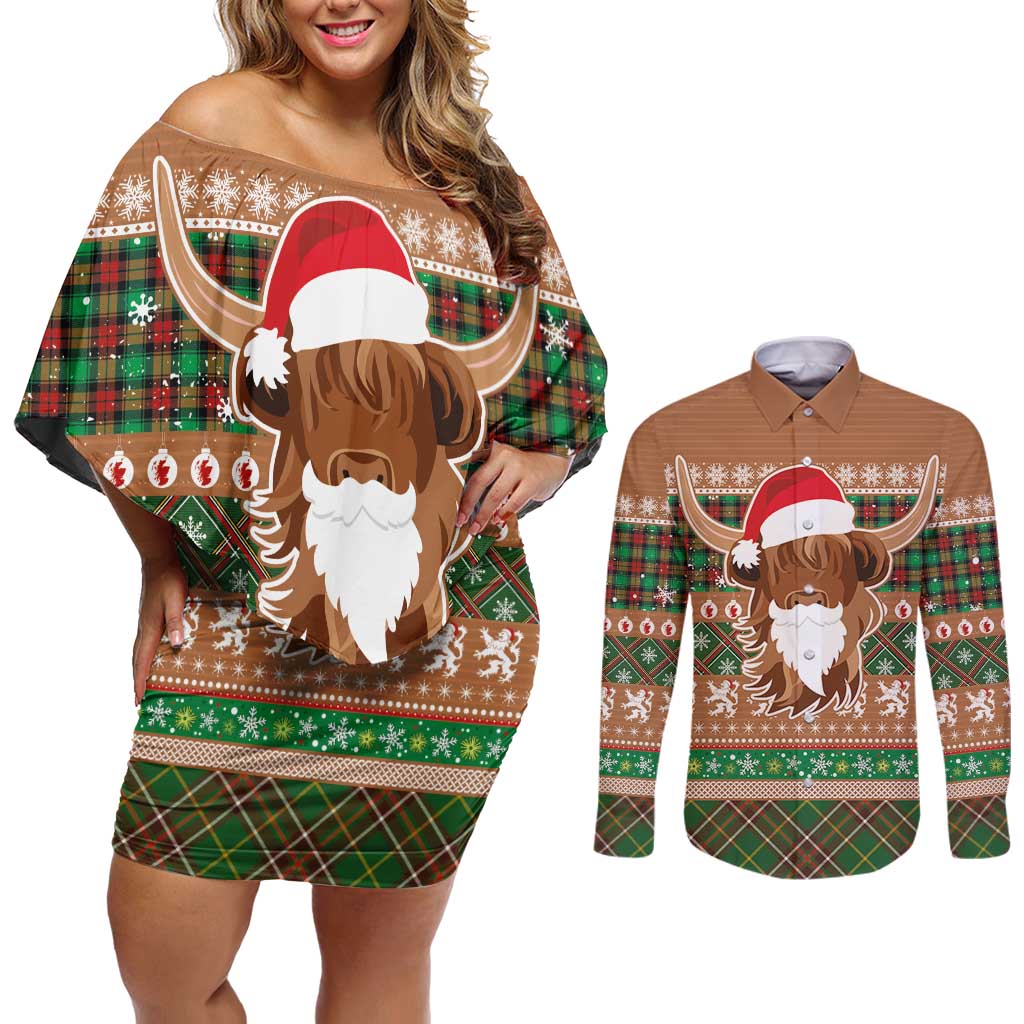 Scottish Christmas Couples Matching Off Shoulder Short Dress and Long Sleeve Button Shirt Highland Cattle-Xmas Tartan Stripes Style Brown Color - Wonder Print Shop