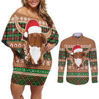 Scottish Christmas Couples Matching Off Shoulder Short Dress and Long Sleeve Button Shirt Highland Cattle-Xmas Tartan Stripes Style Brown Color - Wonder Print Shop