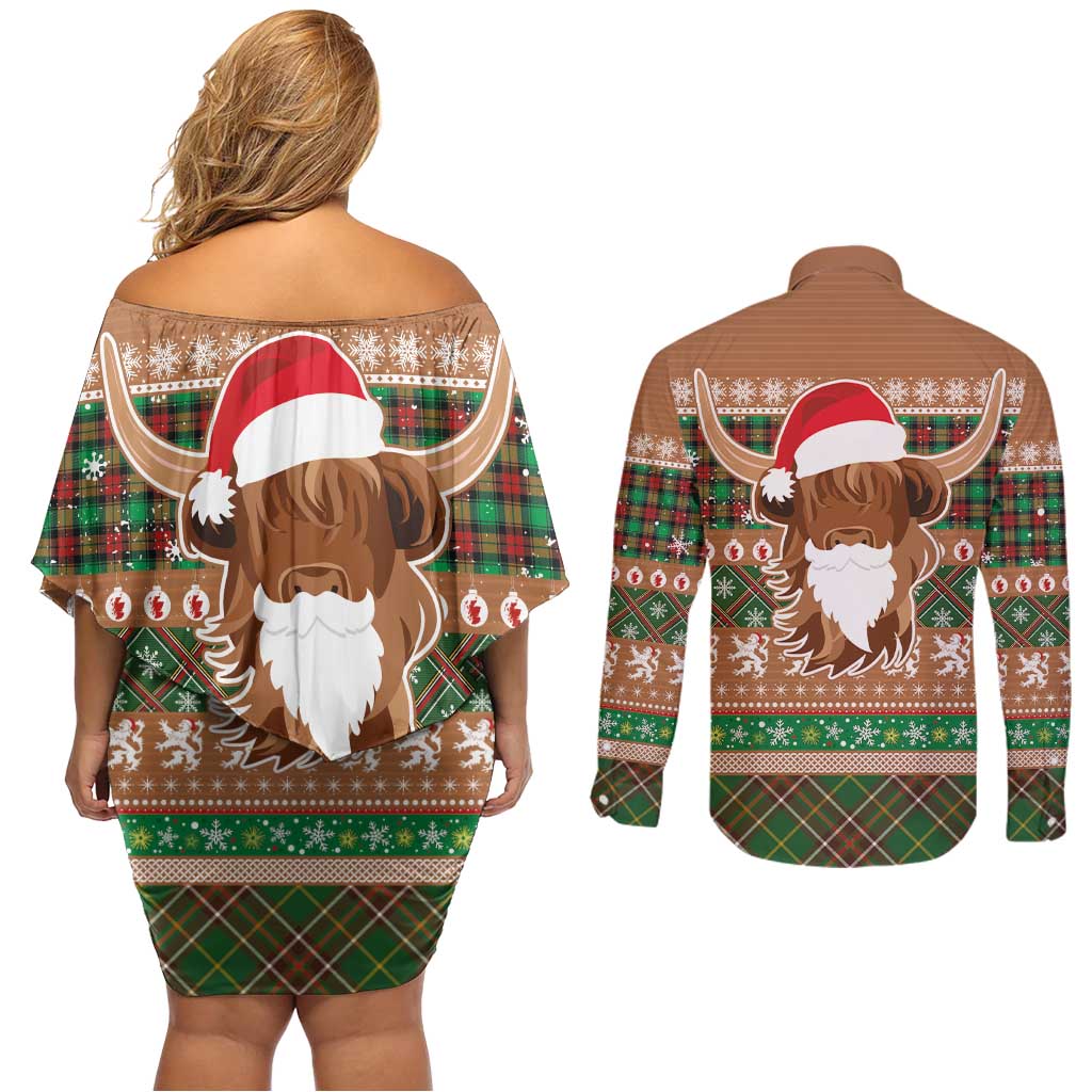 Scottish Christmas Couples Matching Off Shoulder Short Dress and Long Sleeve Button Shirt Highland Cattle-Xmas Tartan Stripes Style Brown Color - Wonder Print Shop
