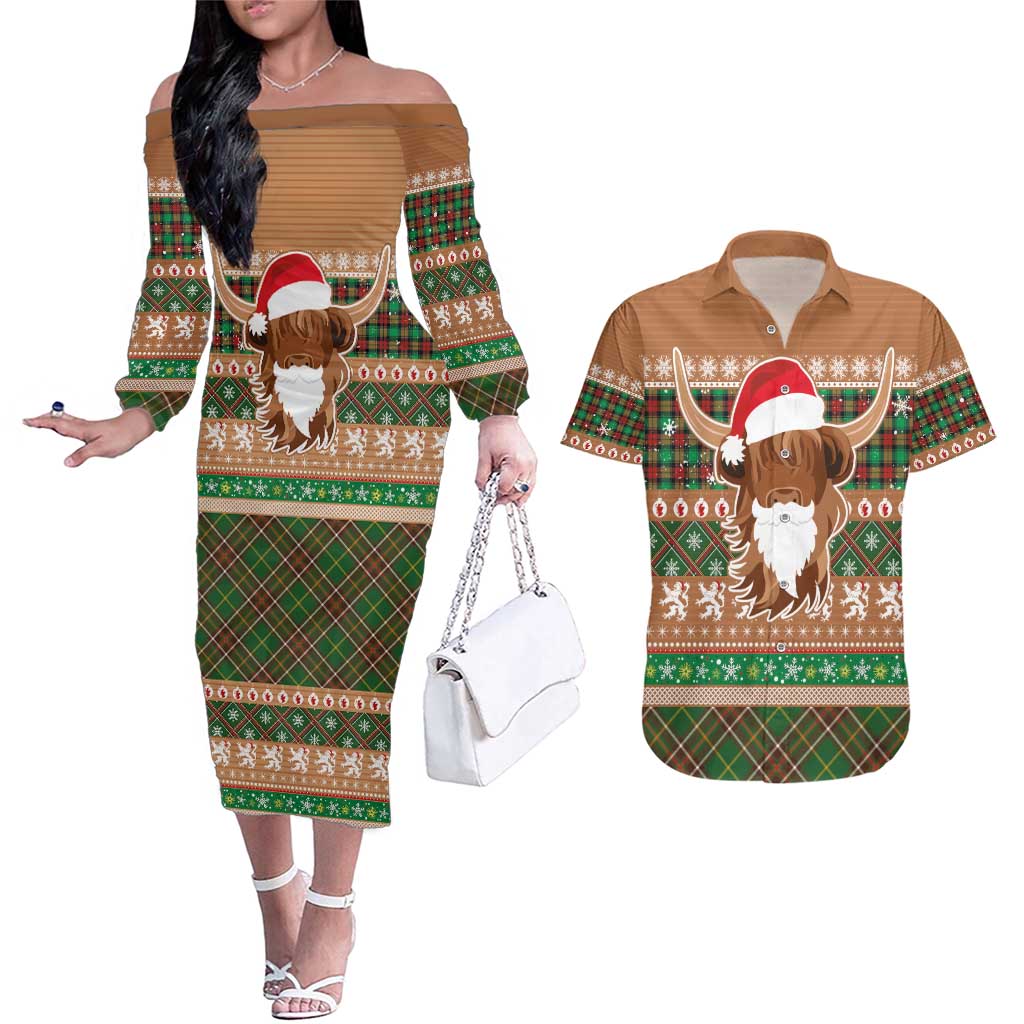 Scottish Christmas Couples Matching Off The Shoulder Long Sleeve Dress and Hawaiian Shirt Highland Cattle-Xmas Tartan Stripes Style Brown Color - Wonder Print Shop