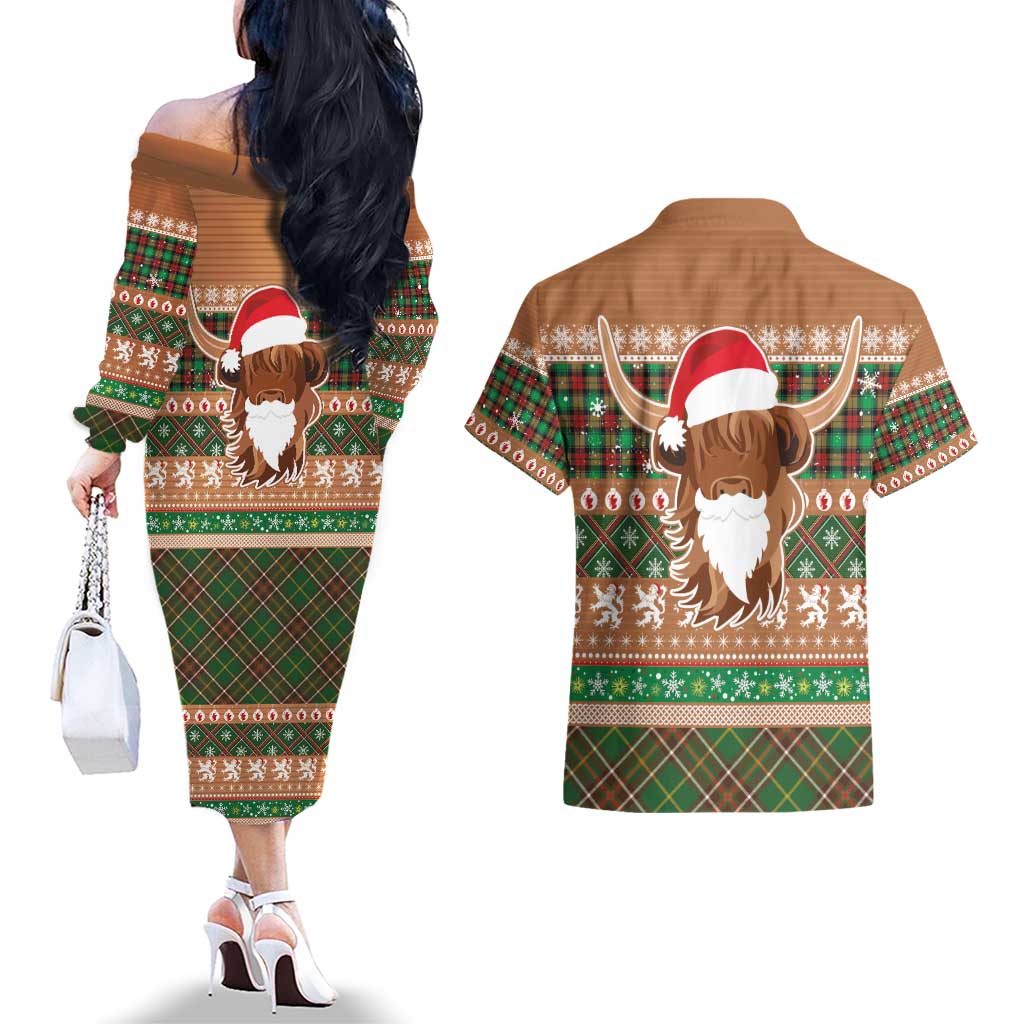 Scottish Christmas Couples Matching Off The Shoulder Long Sleeve Dress and Hawaiian Shirt Highland Cattle-Xmas Tartan Stripes Style Brown Color - Wonder Print Shop