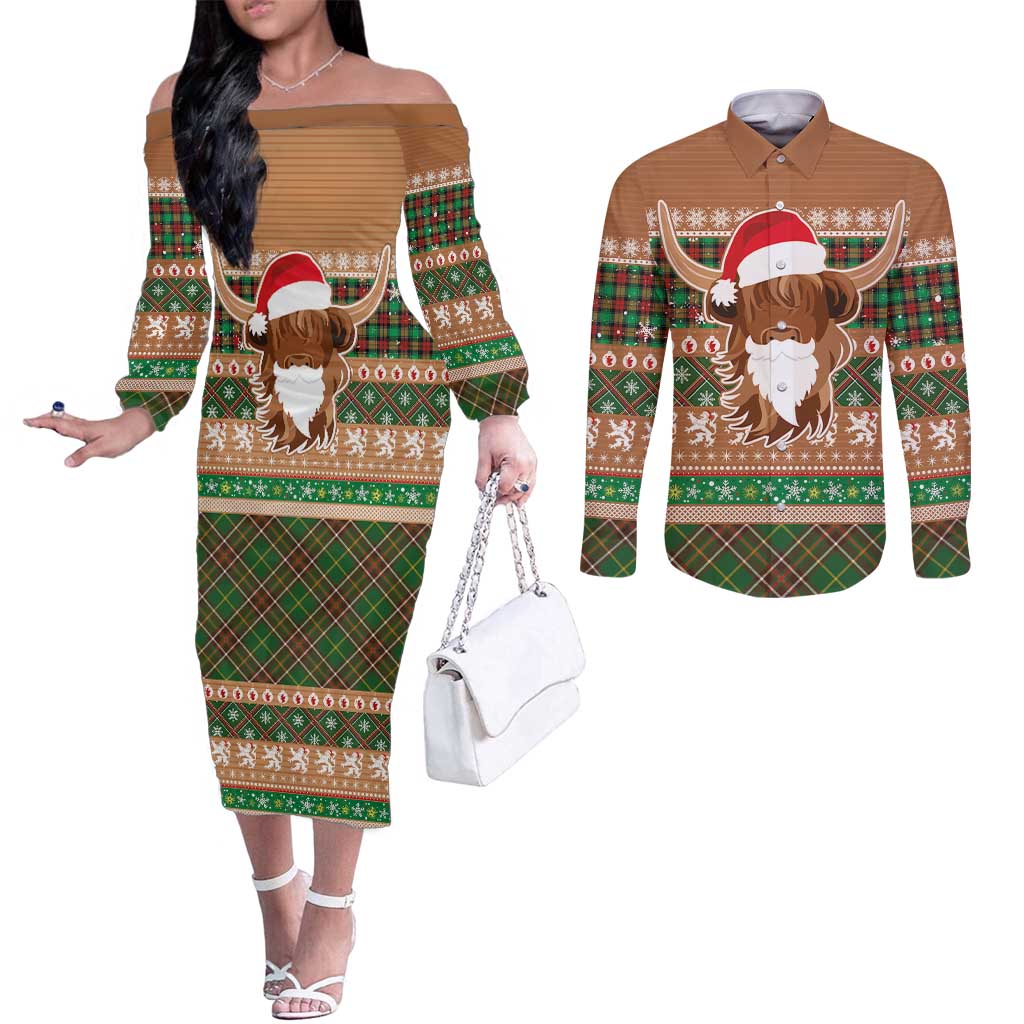 Scottish Christmas Couples Matching Off The Shoulder Long Sleeve Dress and Long Sleeve Button Shirt Highland Cattle-Xmas Tartan Stripes Style Brown Color - Wonder Print Shop