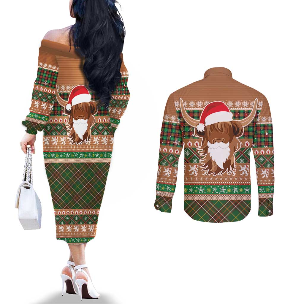 Scottish Christmas Couples Matching Off The Shoulder Long Sleeve Dress and Long Sleeve Button Shirt Highland Cattle-Xmas Tartan Stripes Style Brown Color - Wonder Print Shop