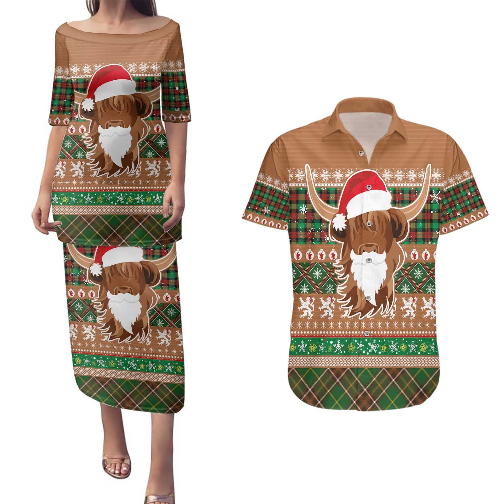 Scottish Christmas Couples Matching Puletasi and Hawaiian Shirt Highland Cattle-Xmas Tartan Stripes Style Brown Color - Wonder Print Shop