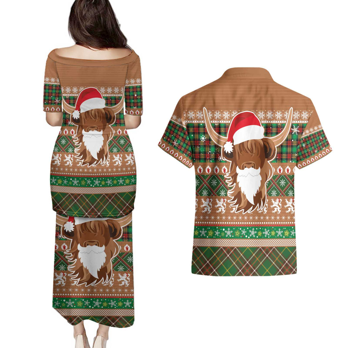 Scottish Christmas Couples Matching Puletasi and Hawaiian Shirt Highland Cattle-Xmas Tartan Stripes Style Brown Color - Wonder Print Shop