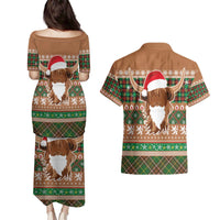 Scottish Christmas Couples Matching Puletasi and Hawaiian Shirt Highland Cattle-Xmas Tartan Stripes Style Brown Color - Wonder Print Shop