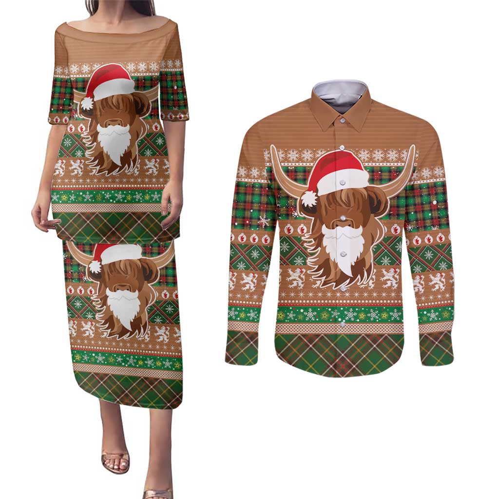 Scottish Christmas Couples Matching Puletasi and Long Sleeve Button Shirt Highland Cattle-Xmas Tartan Stripes Style Brown Color - Wonder Print Shop