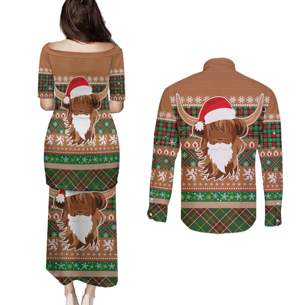 Scottish Christmas Couples Matching Puletasi and Long Sleeve Button Shirt Highland Cattle-Xmas Tartan Stripes Style Brown Color - Wonder Print Shop