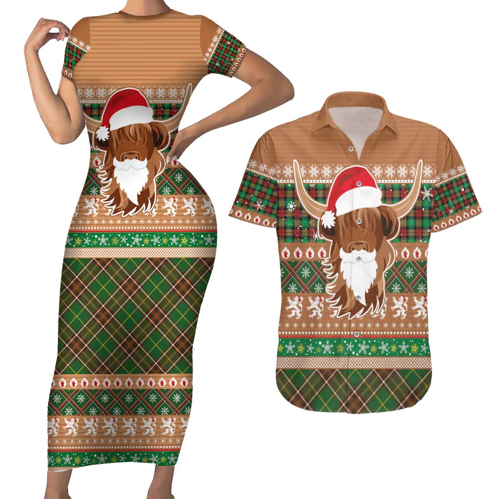 Scottish Christmas Couples Matching Short Sleeve Bodycon Dress and Hawaiian Shirt Highland Cattle-Xmas Tartan Stripes Style Brown Color - Wonder Print Shop